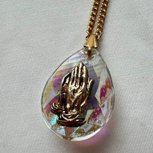 Gold Tone Chain AB Praying Hands Faceted Pendant Costume Fashion Necklace